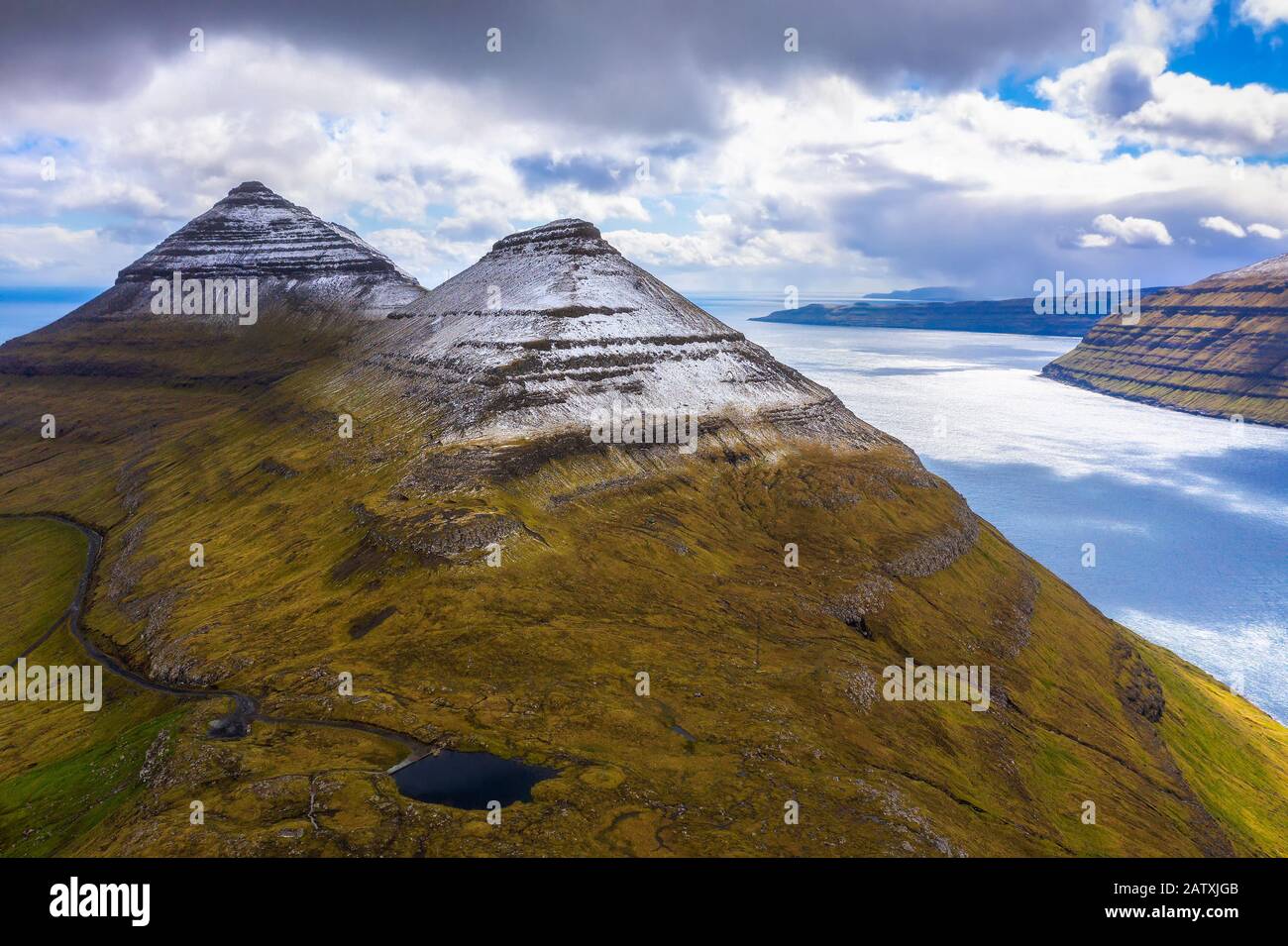 Aerial view of the Bordoyarnes mountain near Klaksvik on Faroe Islands Stock Photo