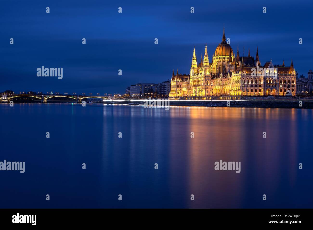 Hungarian Parliament Building in Budapest at night with Danube river Stock Photo
