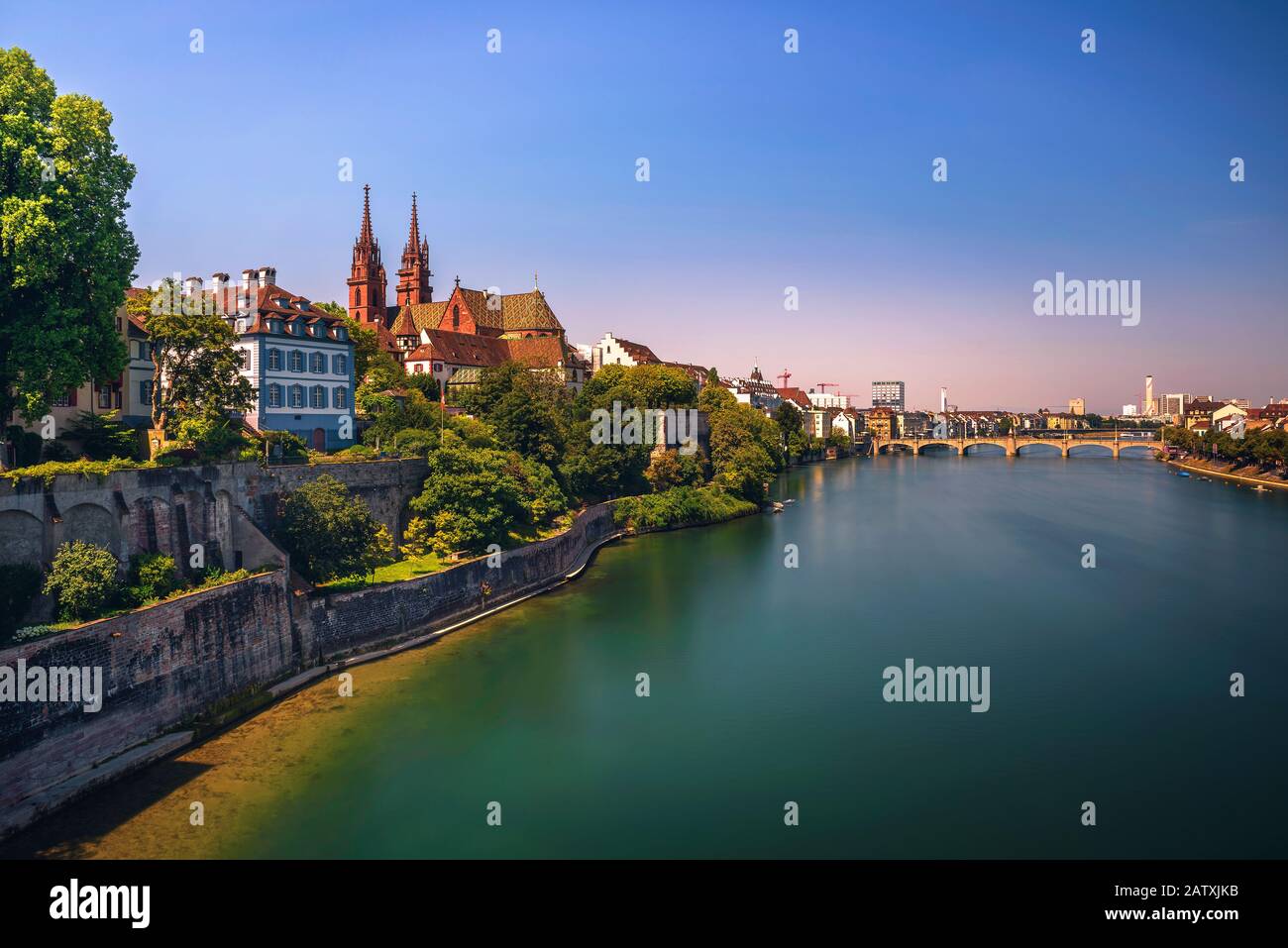 Old Town of Basel, Munster cathedral and the Rhine river in Switzerland Stock Photo