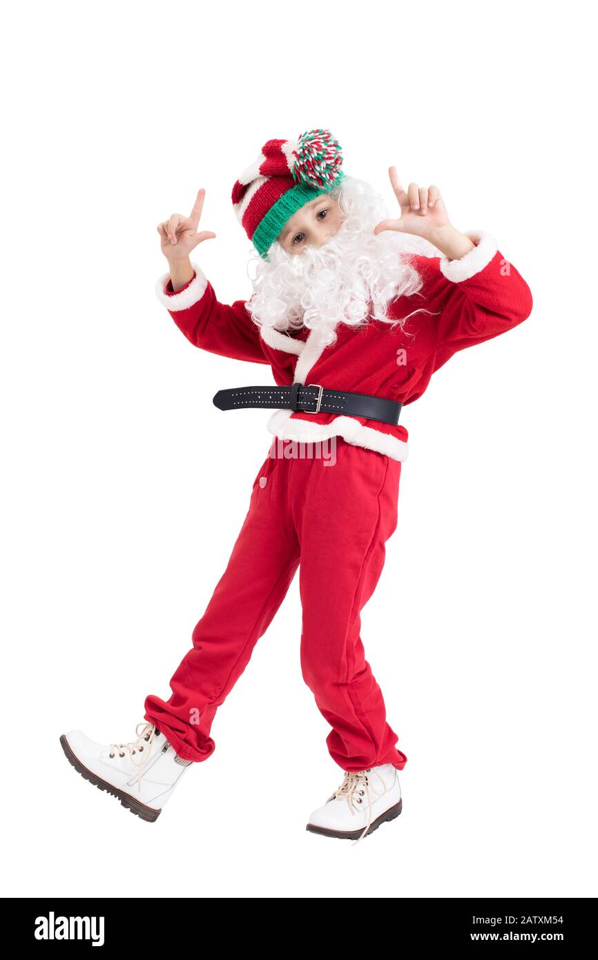 Child Santa Claus on a white background. Christmas boy. Stock Photo