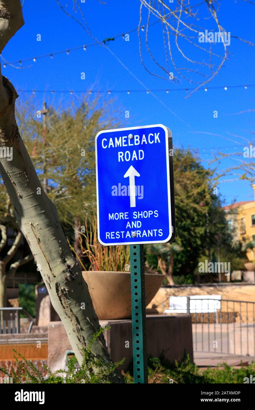 Blue Camelback Road direction sign in the Southbridge District of Scottsdale AZ Stock Photo