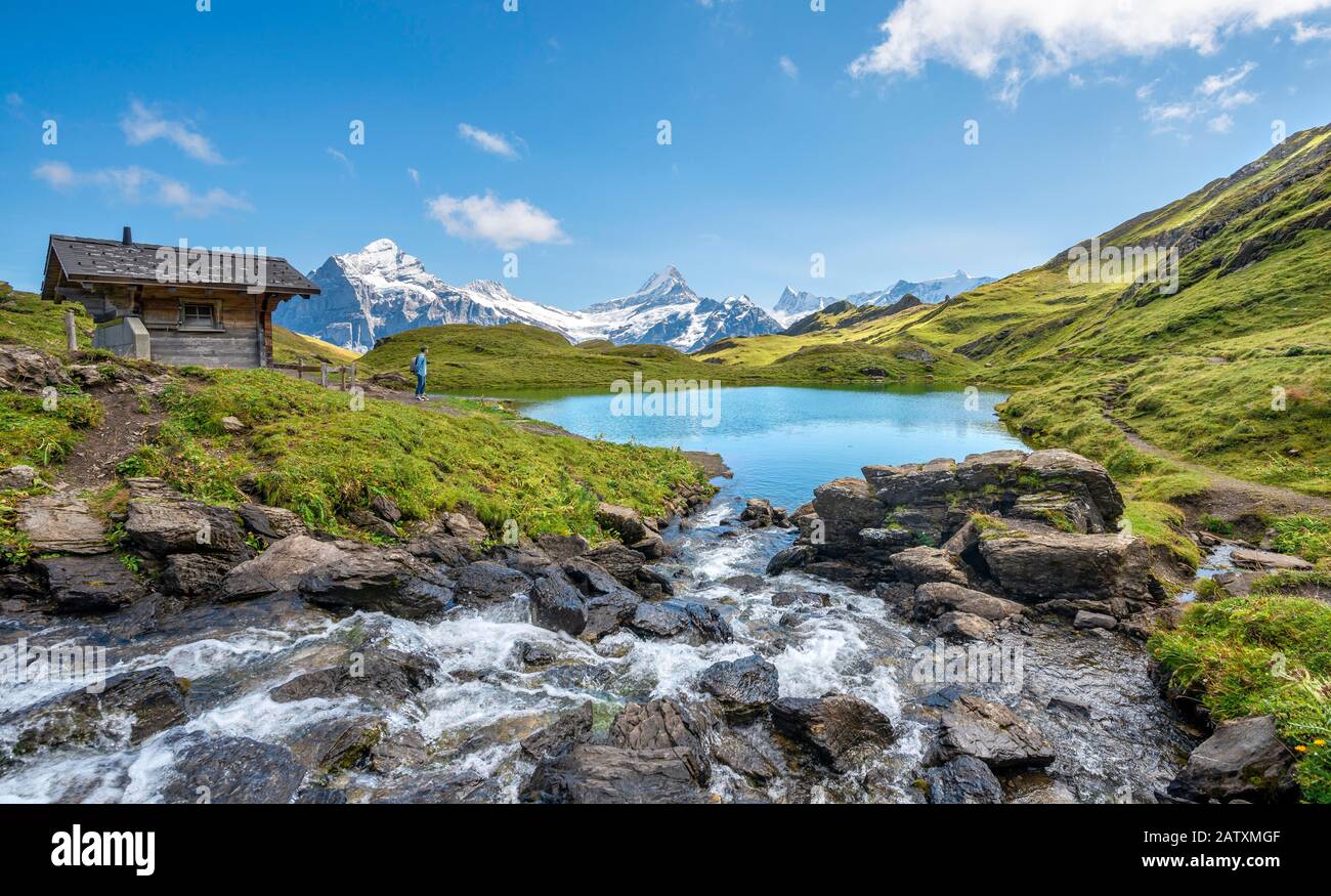 Hut and stream at Bachalpsee, with summits of Schreckhorn and Finsteraarhorn, Grindelwald, Bernese Oberland, Switzerland Stock Photo