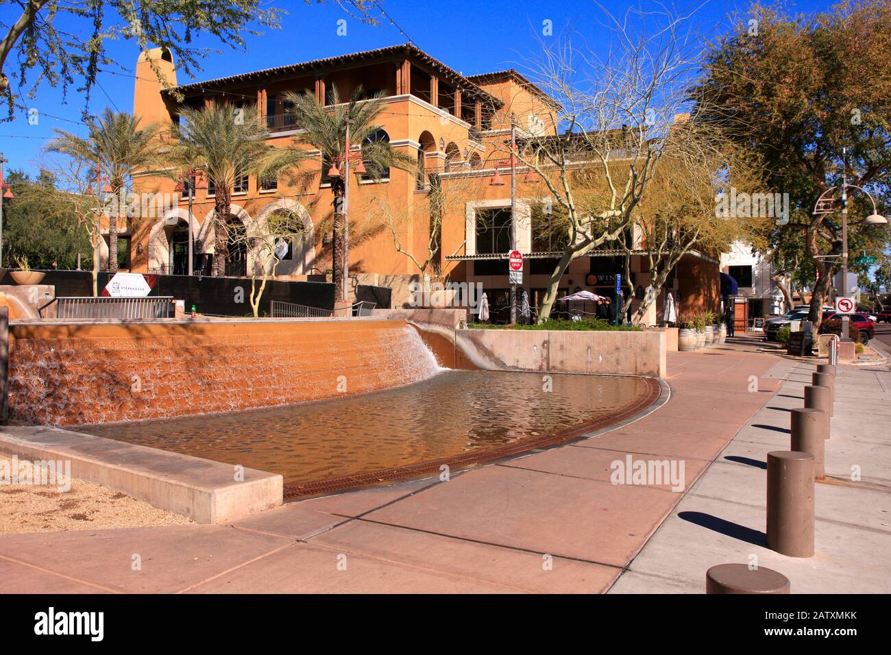 Waterfall park in the Southbridge district of Scottsdale AZ Stock Photo
