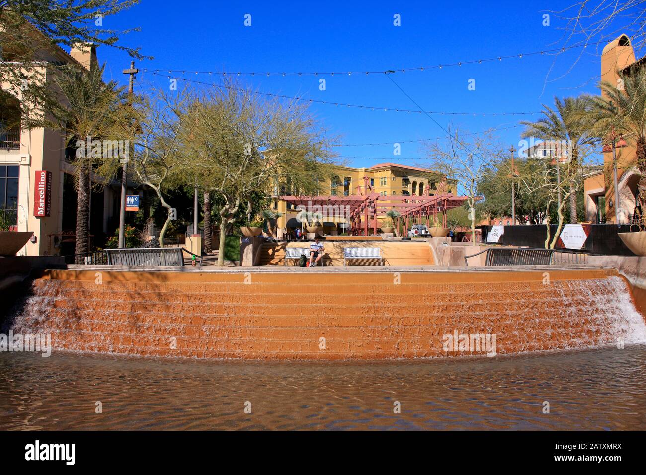 Waterfall park in the Southbridge district of Scottsdale AZ Stock Photo