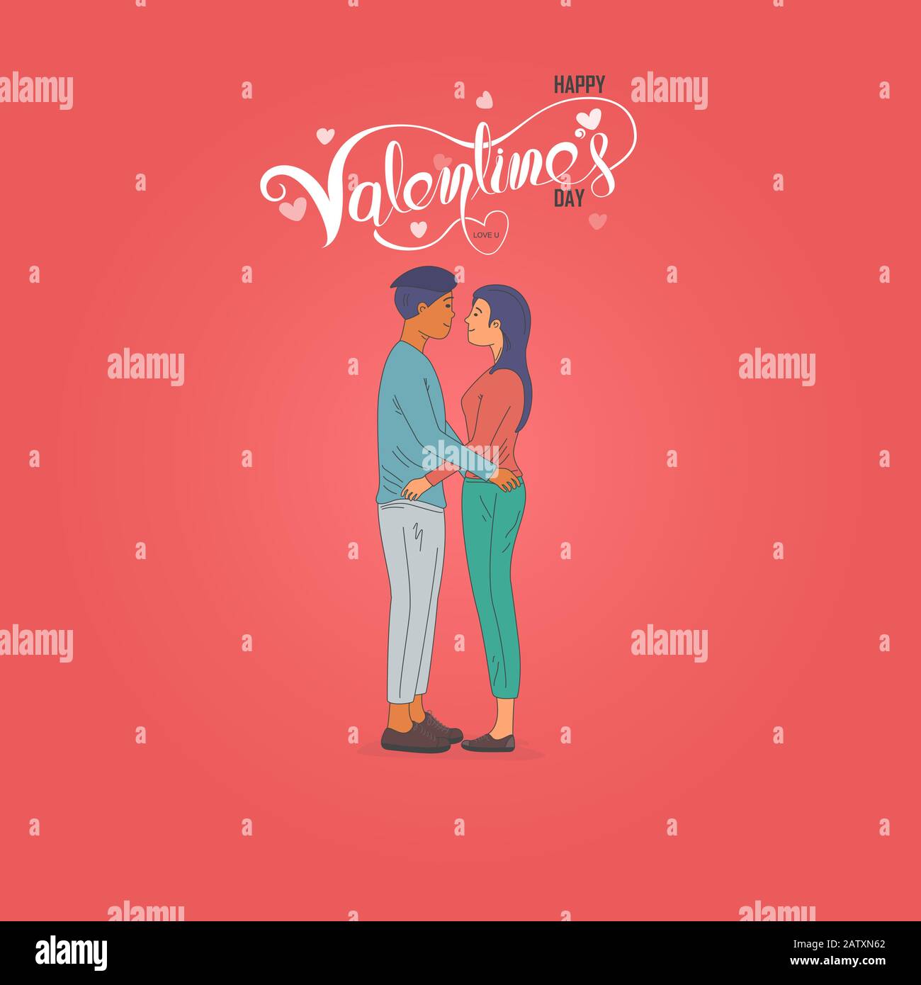 Romantic couple with hearts shape on Red background.Happy Valentines ...