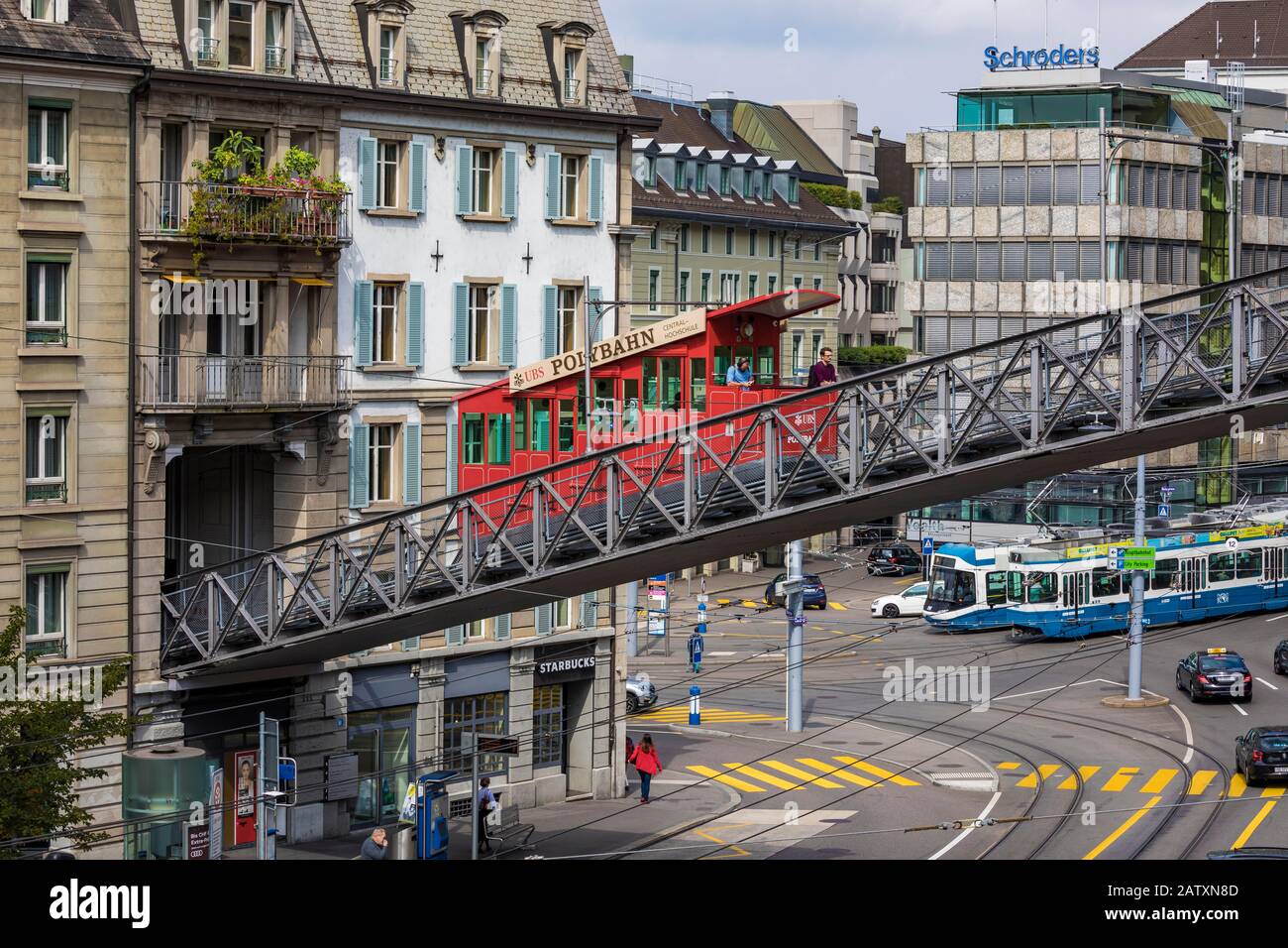 Central Platz, Polybahn, funicular railway, bus, transport, Zurich, Canton Zurich, Switzerland Stock Photo