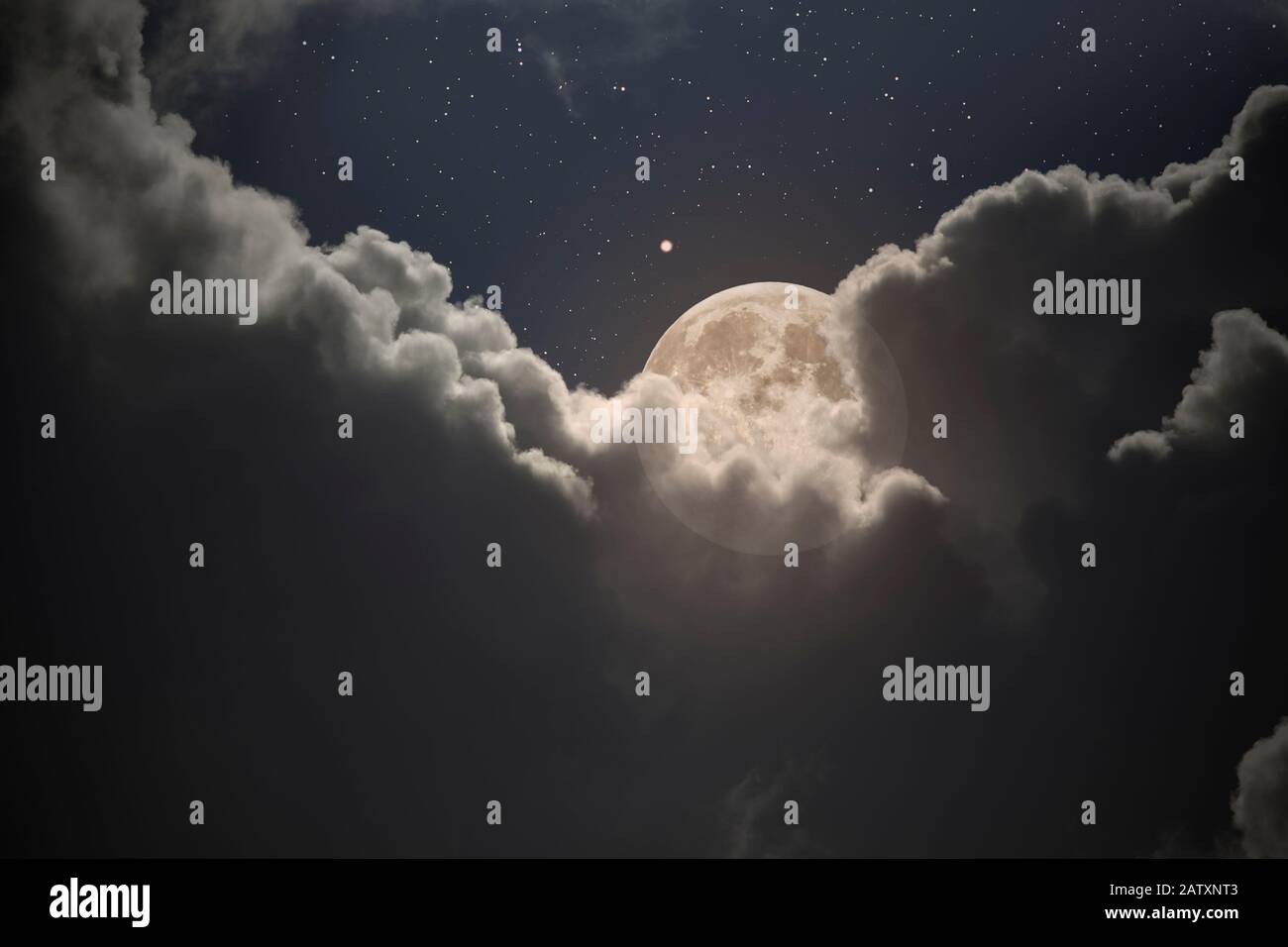 Full moon night with stars and clouds Stock Photo - Alamy