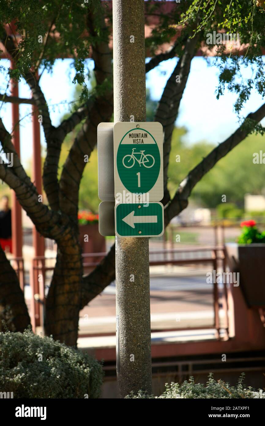 Mountain Vista bicycle Route 1 sign on the Arizona Canal Trail in Scottsdale AZ Stock Photo