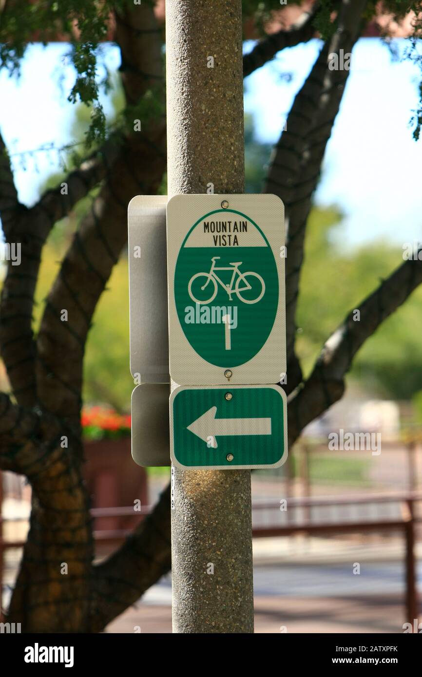 Mountain Vista bicycle Route 1 sign on the Arizona Canal Trail in Scottsdale AZ Stock Photo