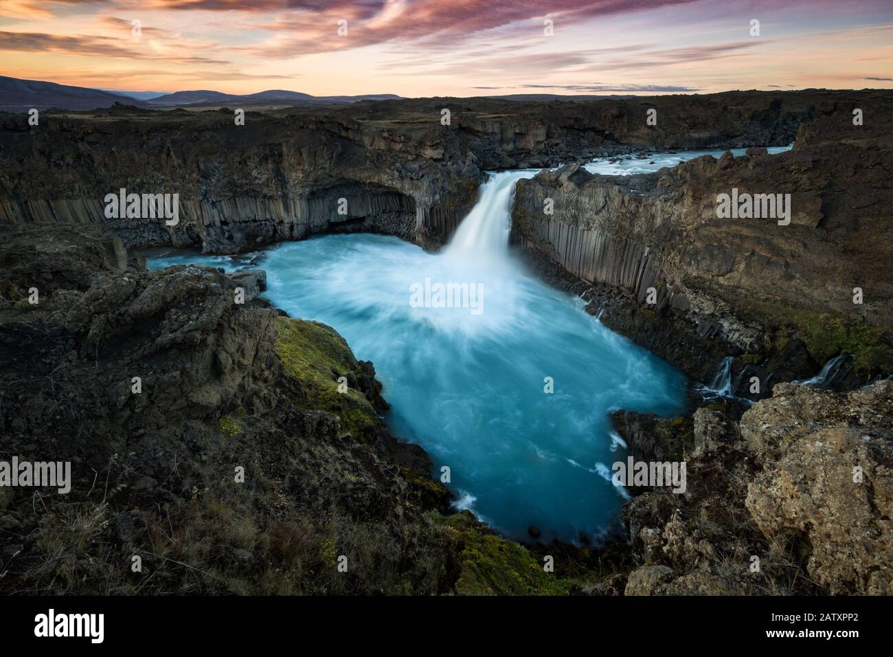 Aldeyjarfoss Waterfall at sunset in North East Iceland Stock Photo