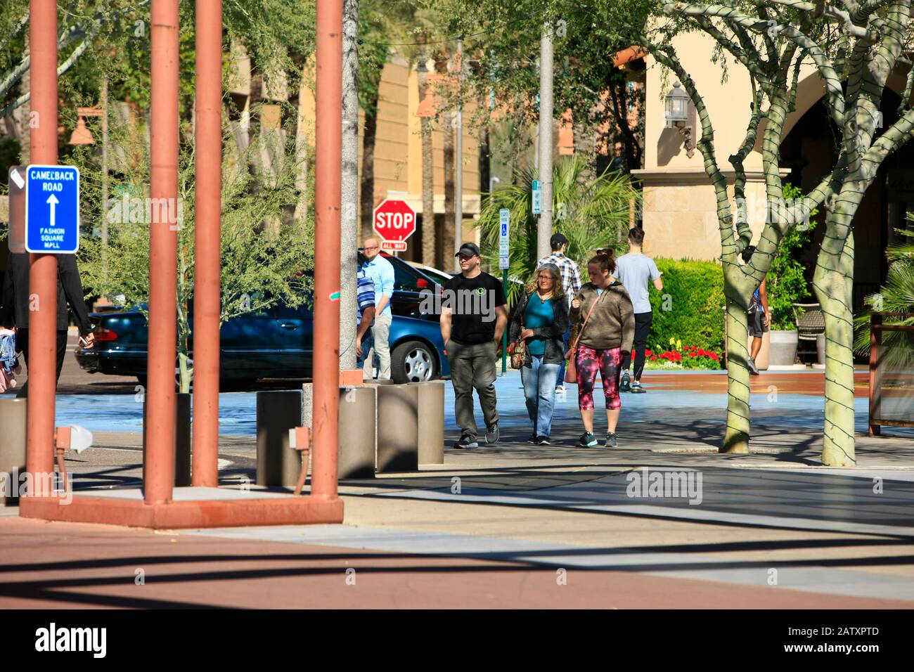 People walking around the Fashion Square district of Scottsdale AZ Stock Photo
