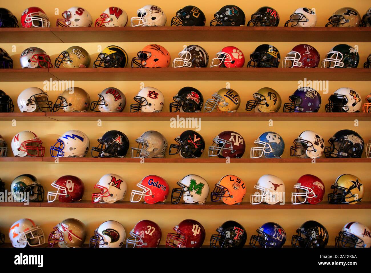 Collection of College Football helmets inside the Ziegler Fiesta Bowl ...