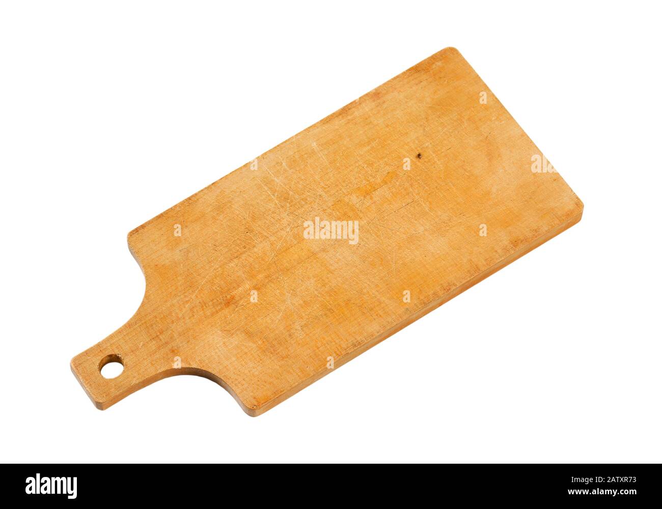 Wooden cutting board with handle isolated on white Stock Photo