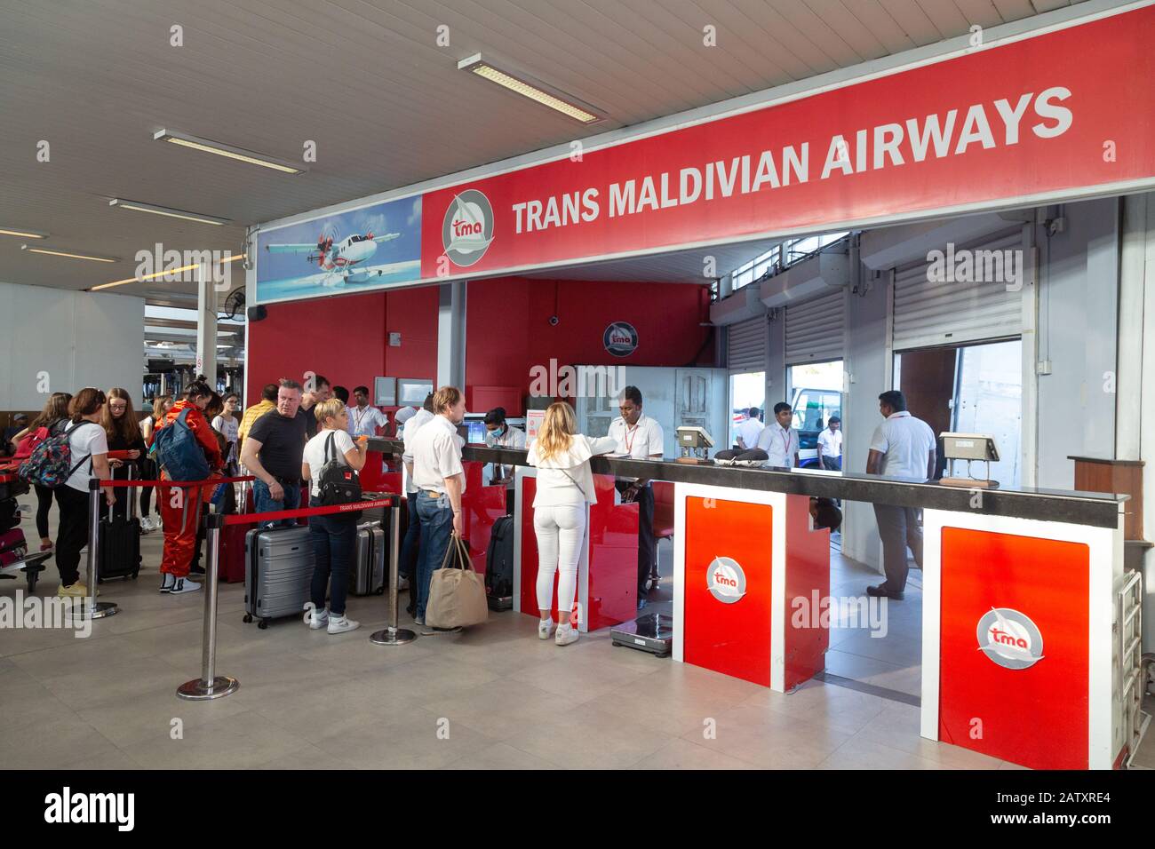 Trans Maldivian Airways, Maldives - check in desk, Male International Airport ( aka Velana International airport ), Male, Maldives, Asia Stock Photo