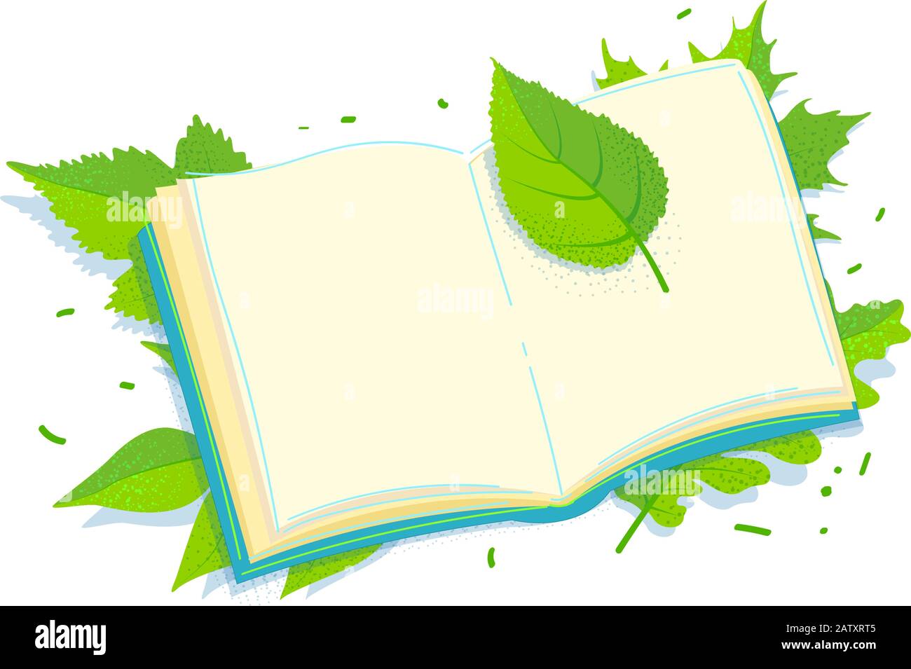 Open book in green leaves in flat style. Decorative vector template frame. Stock Spring concept layout page. Summer sheet illustration. Copy space nature creative element isolated on white background. Stock Vector