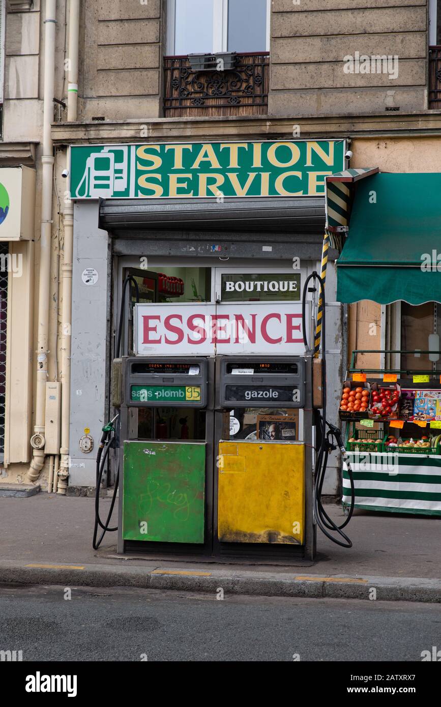 Petrol station in central Paris, France. Station essence dans le centre de Paris, France. Stock Photo