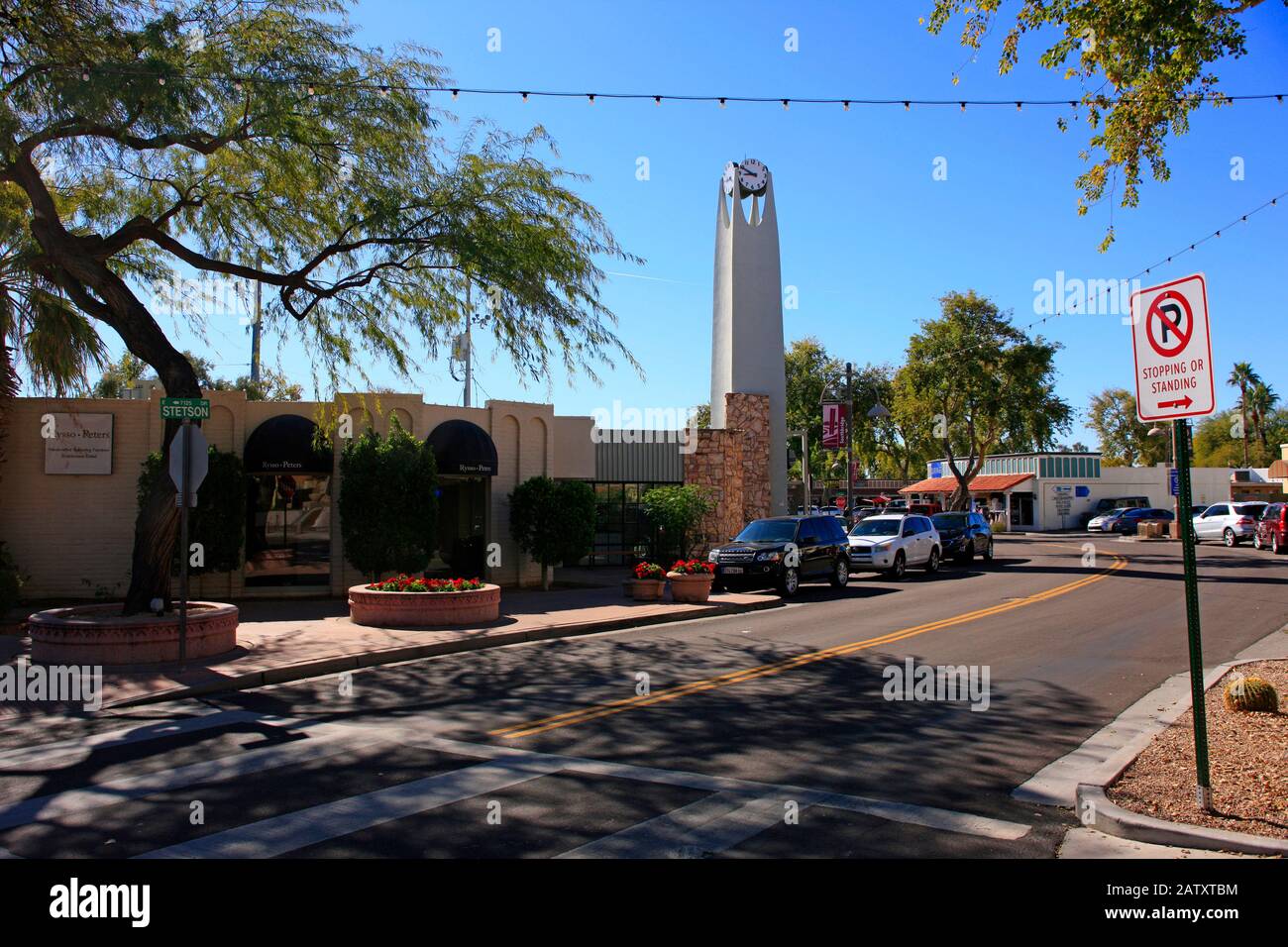 The clock tower in the 5th Ave shopping district of Old Town Scottsdale AZ Stock Photo