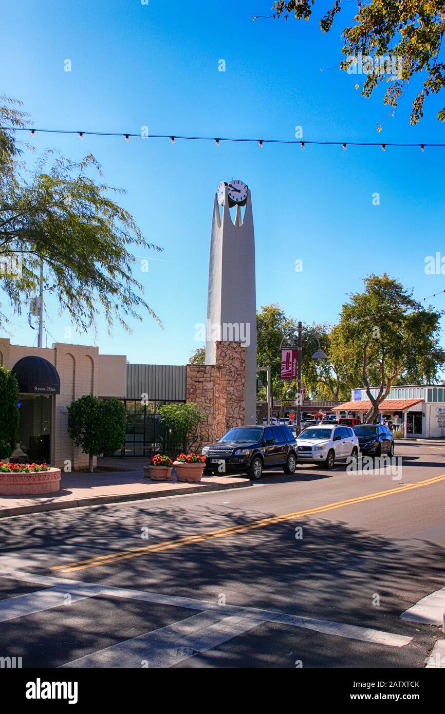 The clock tower in the 5th Ave shopping district of Old Town Scottsdale AZ Stock Photo