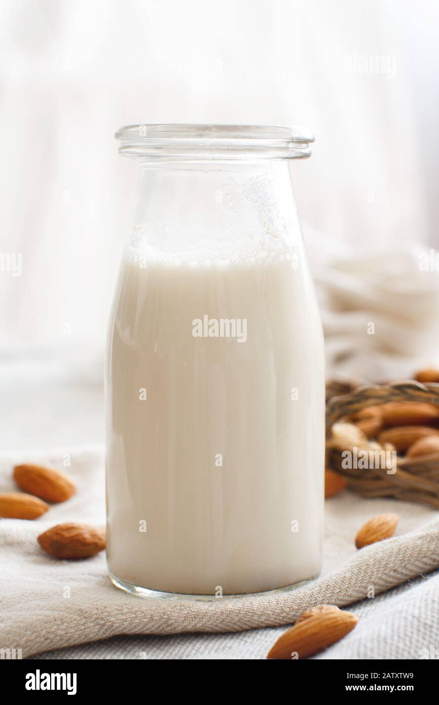 Vegan almond milk, non dairy alternative milk  in a bottle close up Stock Photo