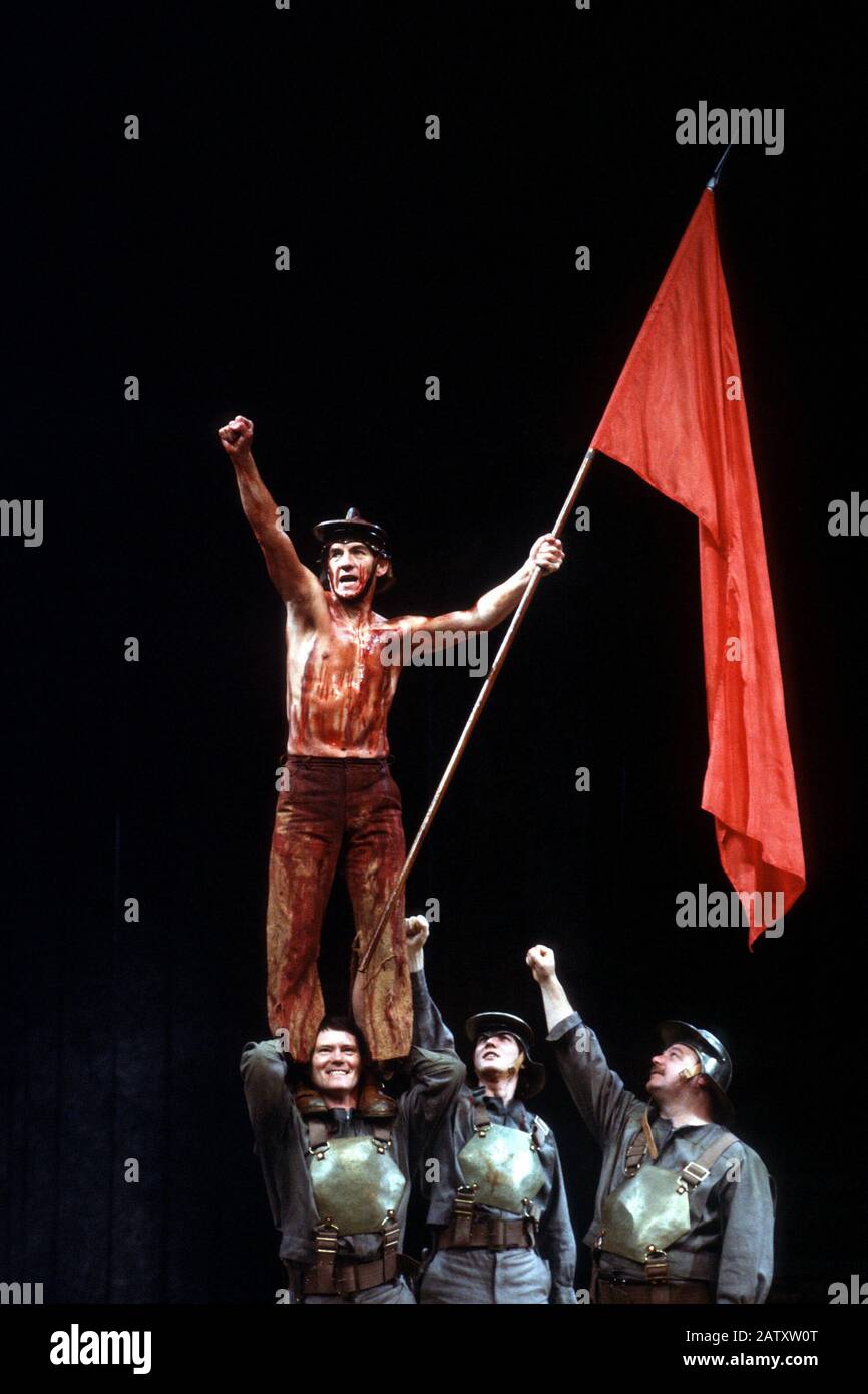 Ian McKellen (Coriolanus) in CORIOLANUS by Shakespeare directed by Peter Hall at the Olivier Theatre, National Theatre (NT), London in 1984. Sir Ian Murray McKellen, born 1939, Burnley, England. English stage and film actor. Co-founder of Stonewall, gay rights activist, knighted in 1990, made a Companion of Honour 2007. Stock Photo