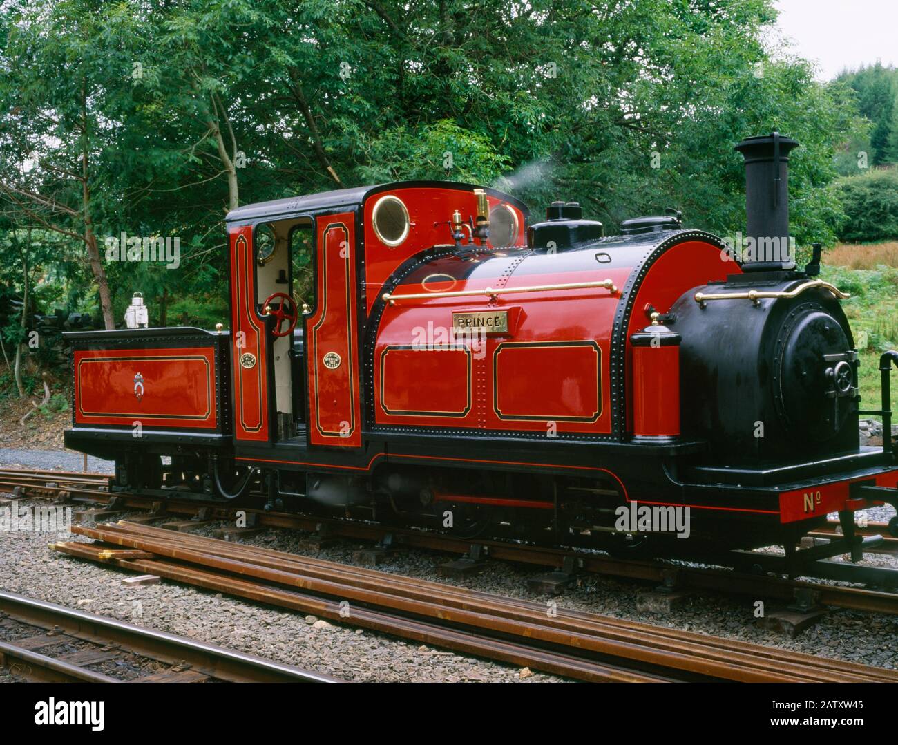 Prince at Tan-y-Bwlch Station, Wales, UK: a genuine vintage steam engine of the Ffestiniog narrow-gauge railway, built 1864 by George England and Co. Stock Photo