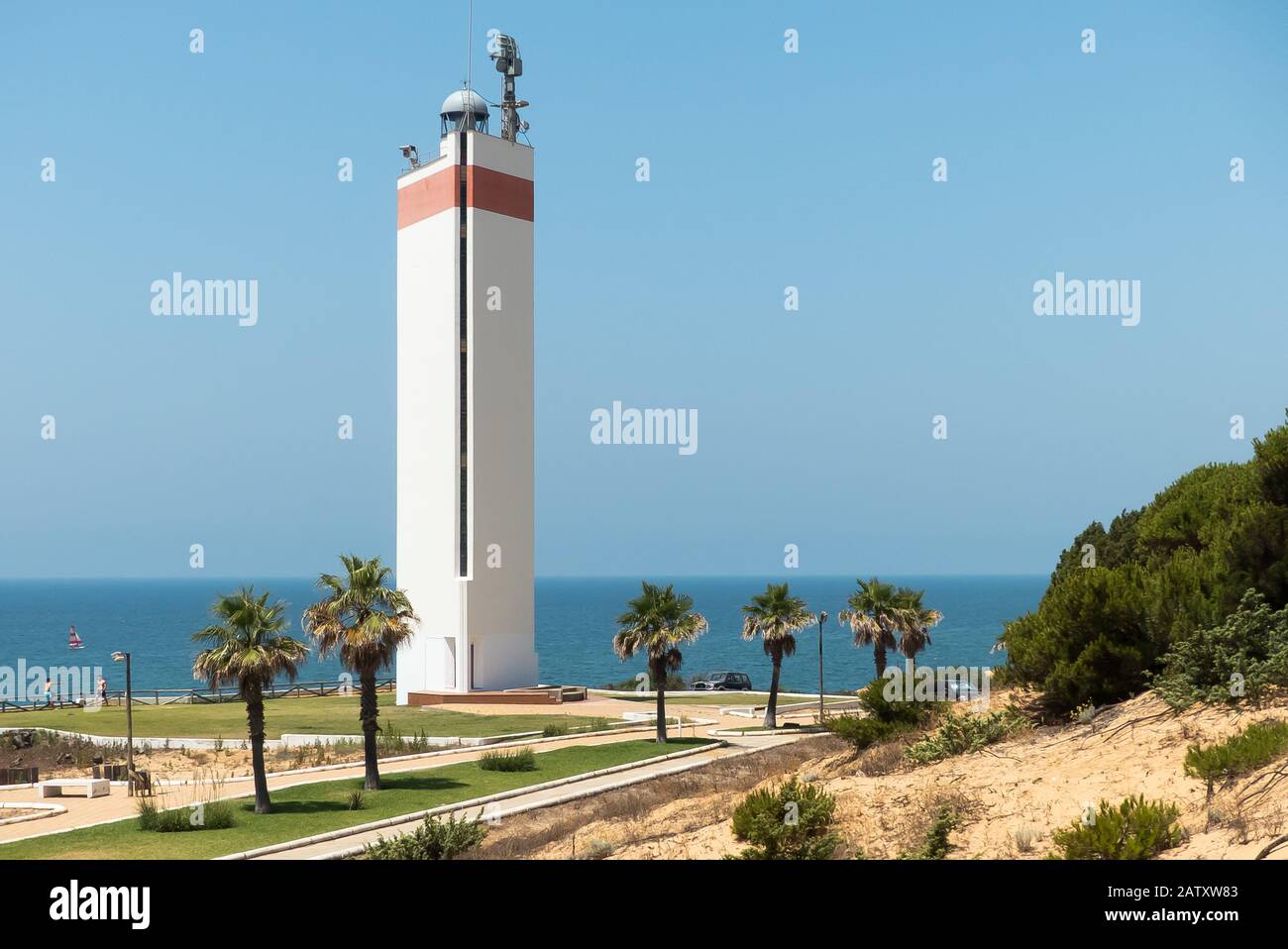 Huelva Province in Spain: a triangular lighthouse in the resort of Matalascañas Stock Photo