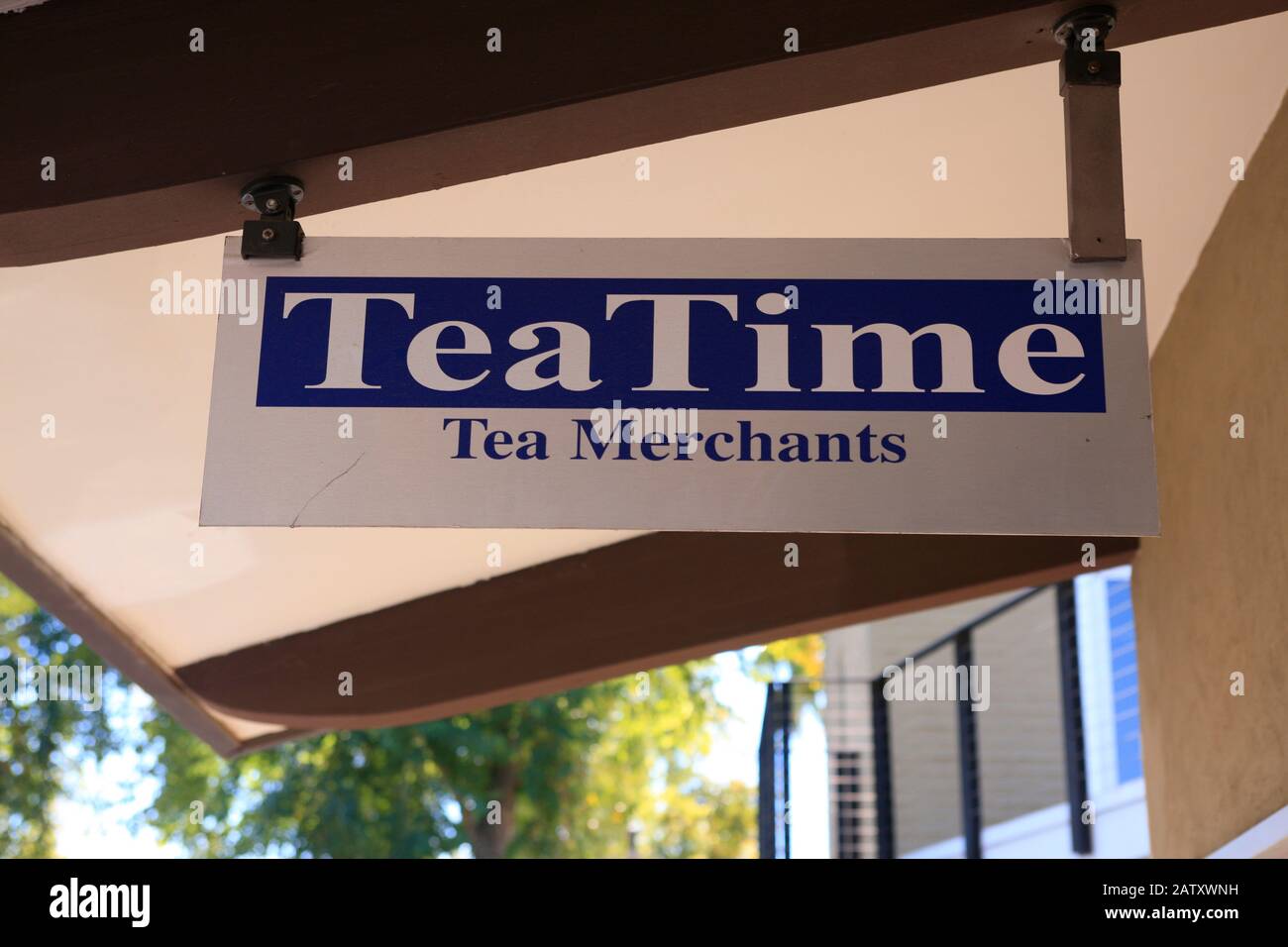 TeaTime Tea Merchants overhead hanging sign in downtown Old Town Scottsdale AZ Stock Photo