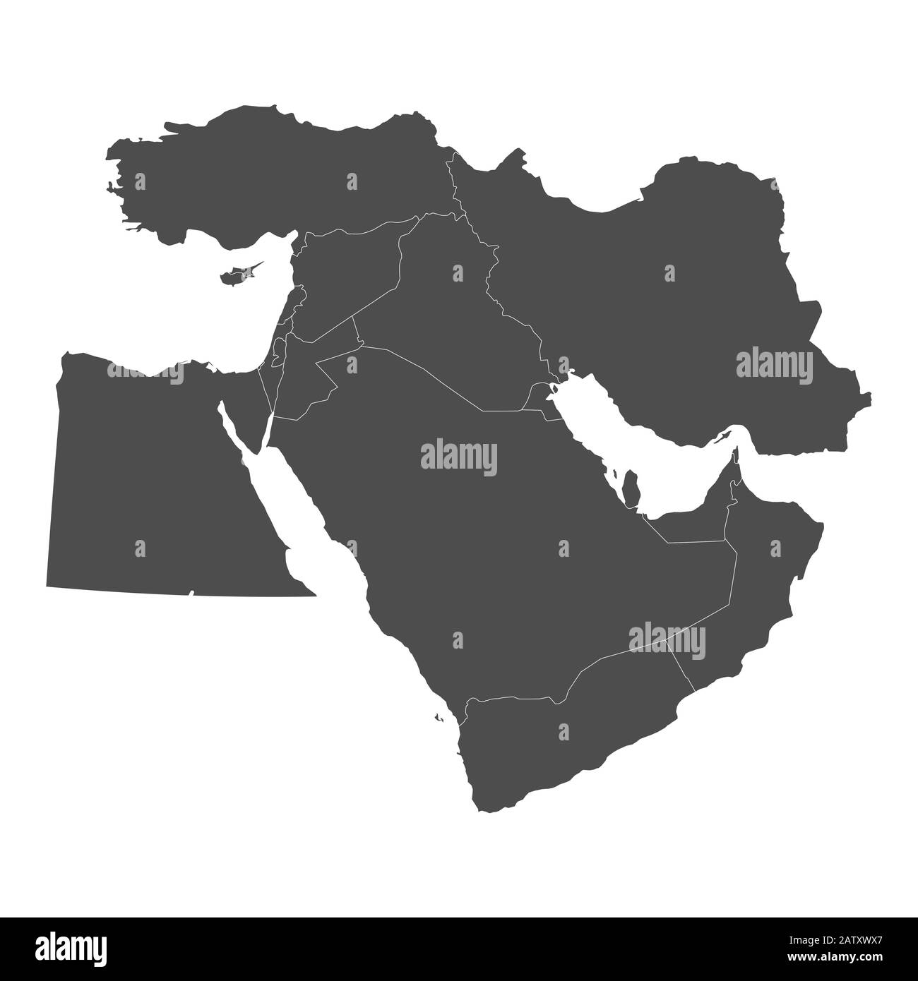 Map of Middle East with borders of countries Stock Vector