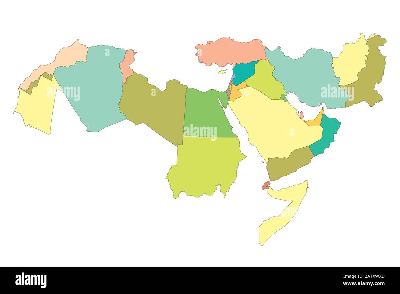 Map Of Greater Middle East With Borders Of Countries Stock Vector
