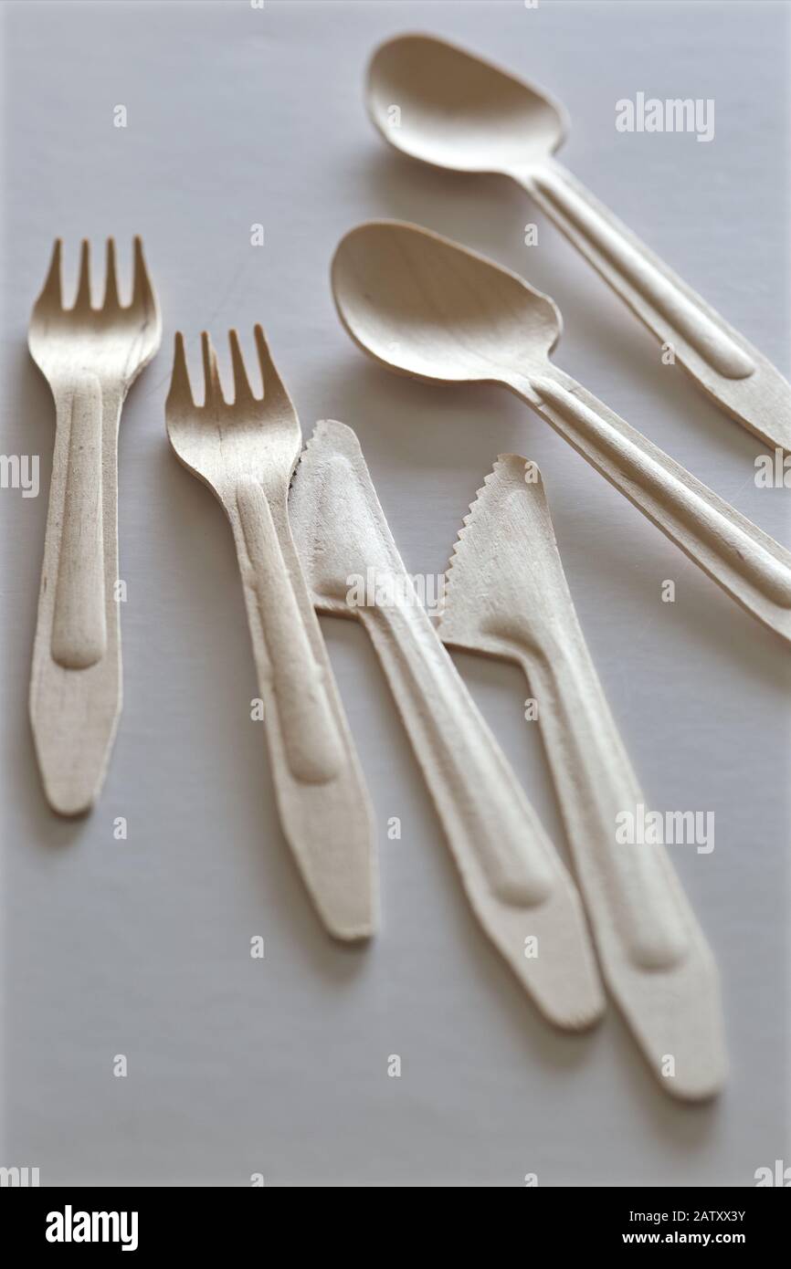 Wooden Eco-Friendly Cutlery Stock Photo