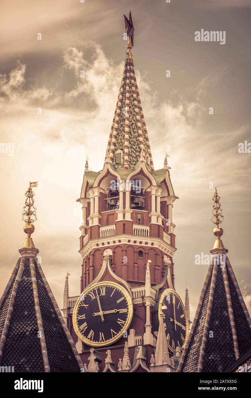 The famous Spasskaya tower of Moscow Kremlin, Russia. The Moscow Kremlin is the residence of the Russian president and the main tourist attraction of Stock Photo
