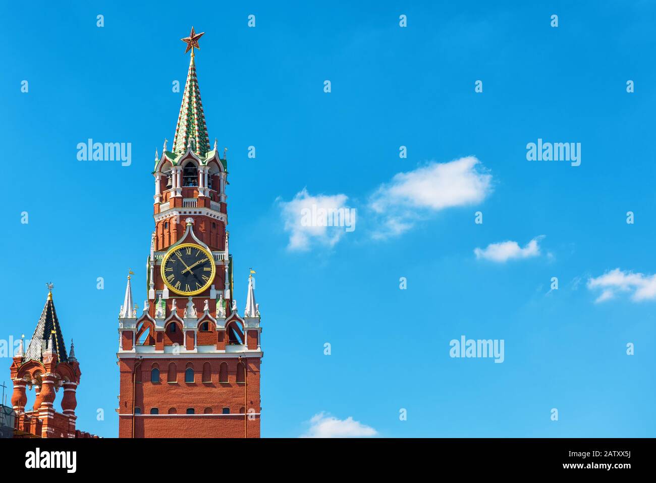 The Spasskaya tower of Moscow Kremlin, Russia. The Moscow Kremlin is the residence of the Russian president and the main tourist attraction of Moscow. Stock Photo