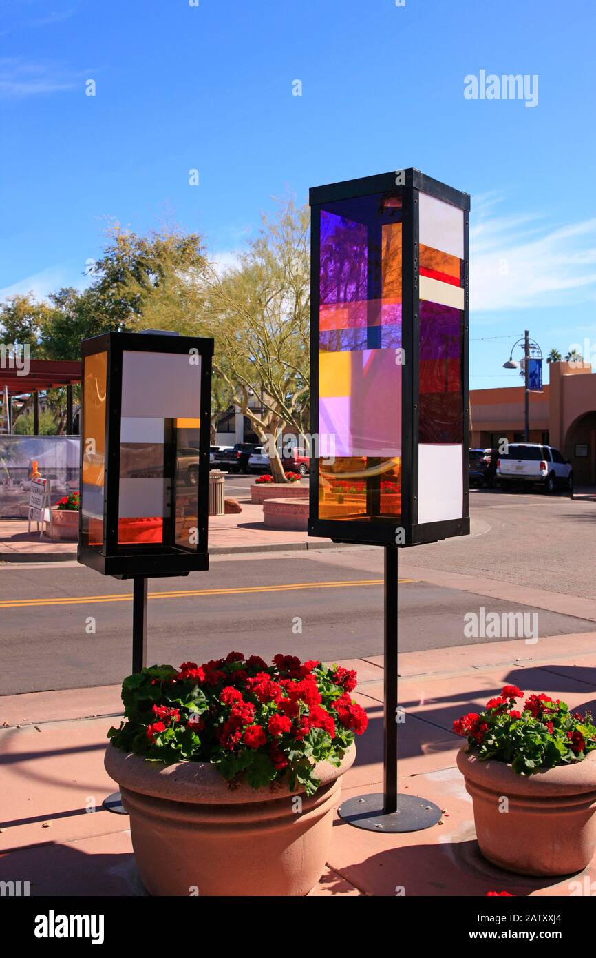 Sun Lanterns in the Arts District of Old Town Scottsdale AZ Stock Photo