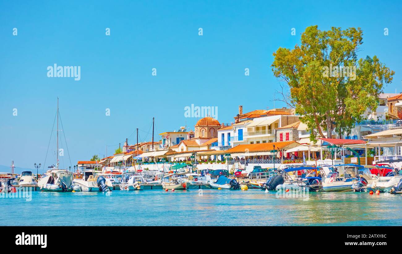 Perdika, Aegina Island, Greece  - September 14, 2019: Panoramic view of greek fishing village Perdika Stock Photo