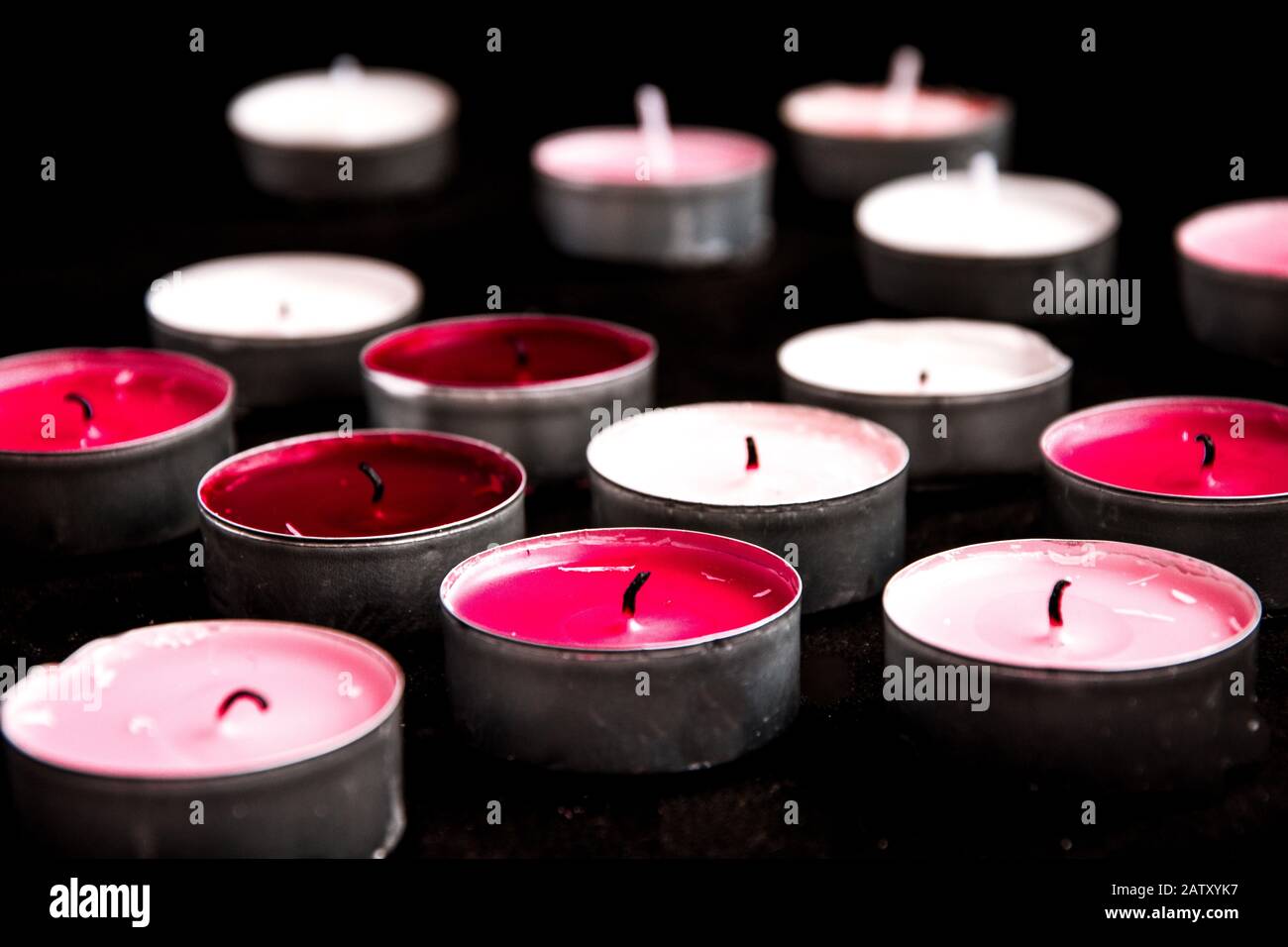 A set of pink tealight paraffin candle lying on a black background