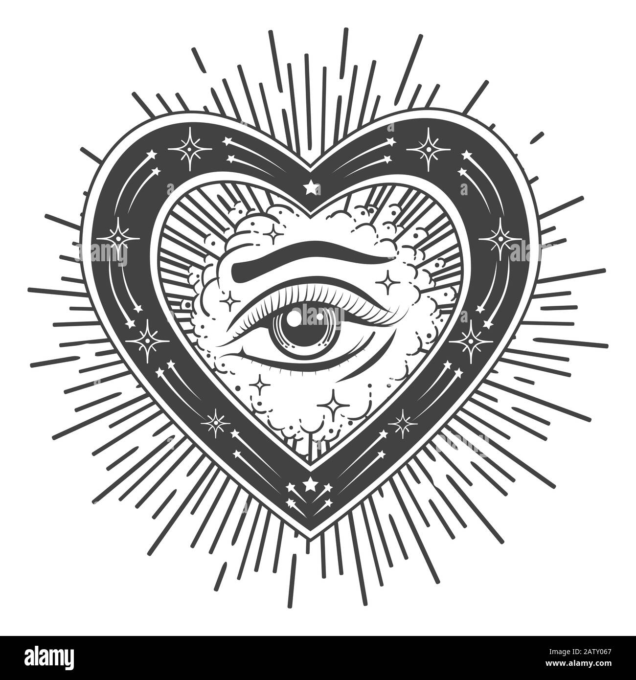 Eye of Providence tattoo. Masonic symbol. All seeing eye inside shape of heart. Symbol of Sacred geometry, religion, spirituality, occultism. Vector i Stock Vector