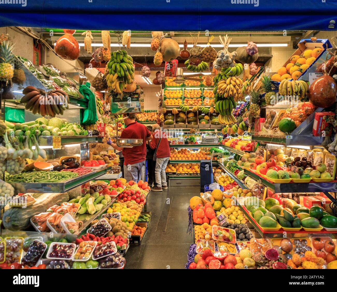 Fresh fruit shop and stall in Mercado De Vegueta indoor food market, Las Palmas Gran Canaria, Canary Islands Stock Photo