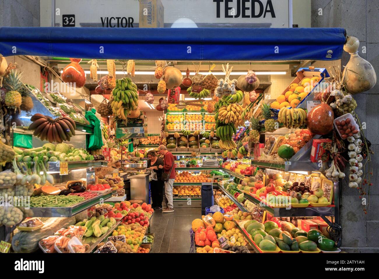 Fresh fruit shop and stall in Mercado De Vegueta indoor food market, Las Palmas Gran Canaria, Canary Islands Stock Photo
