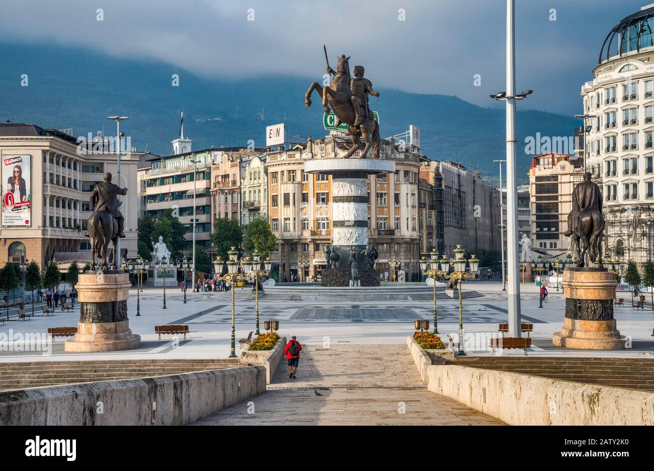 Warrior on a Horse, current official name of Alexander the Great monument at Macedonia Square, seen from Stone Bridge, Skopje, North Macedonia Stock Photo