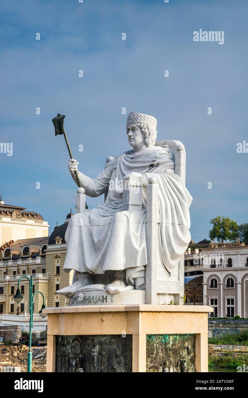 Byzantine emperor Justinian statue in Skopje, North Macedonia Stock Photo