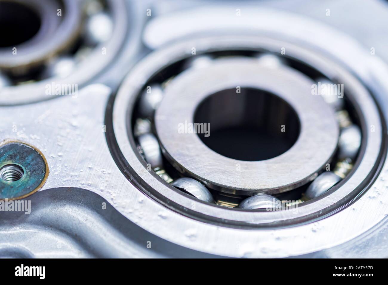 Ball bearing inside vehicle automatic transmission. Close up view in