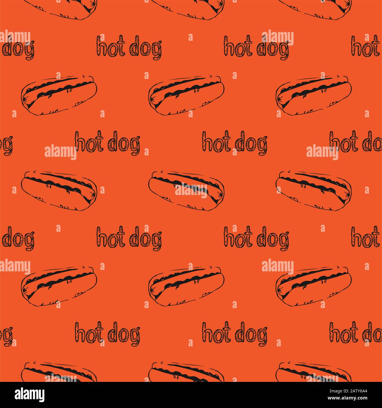 Hand drawn hotdogs seamless pattern. Fastfood texture. Sketchy continuous background of hot dogs with mustard, mayonnaise and vegetables. EPS8 vector Stock Vector