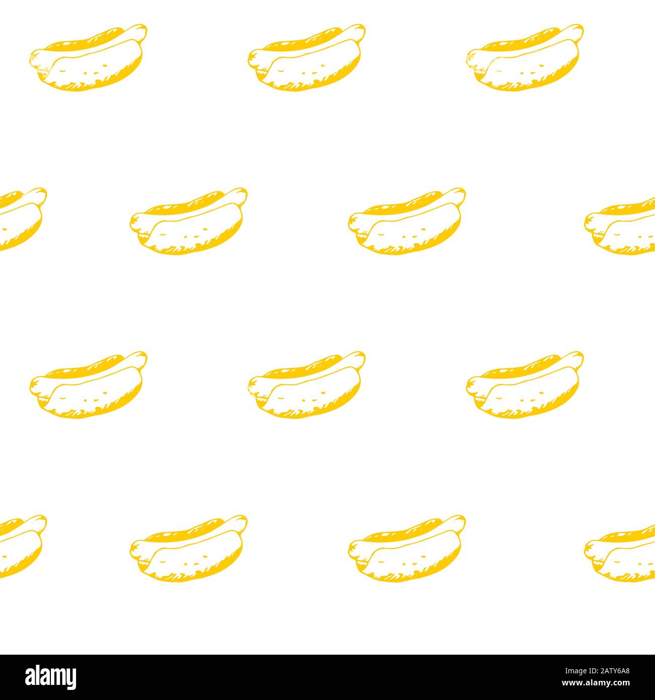 Hotdogs seamless pattern background. Fast food continuous texture with hand drawn hot dogs with mustard or mayonnaise. EPS8 vector illustration with p Stock Vector