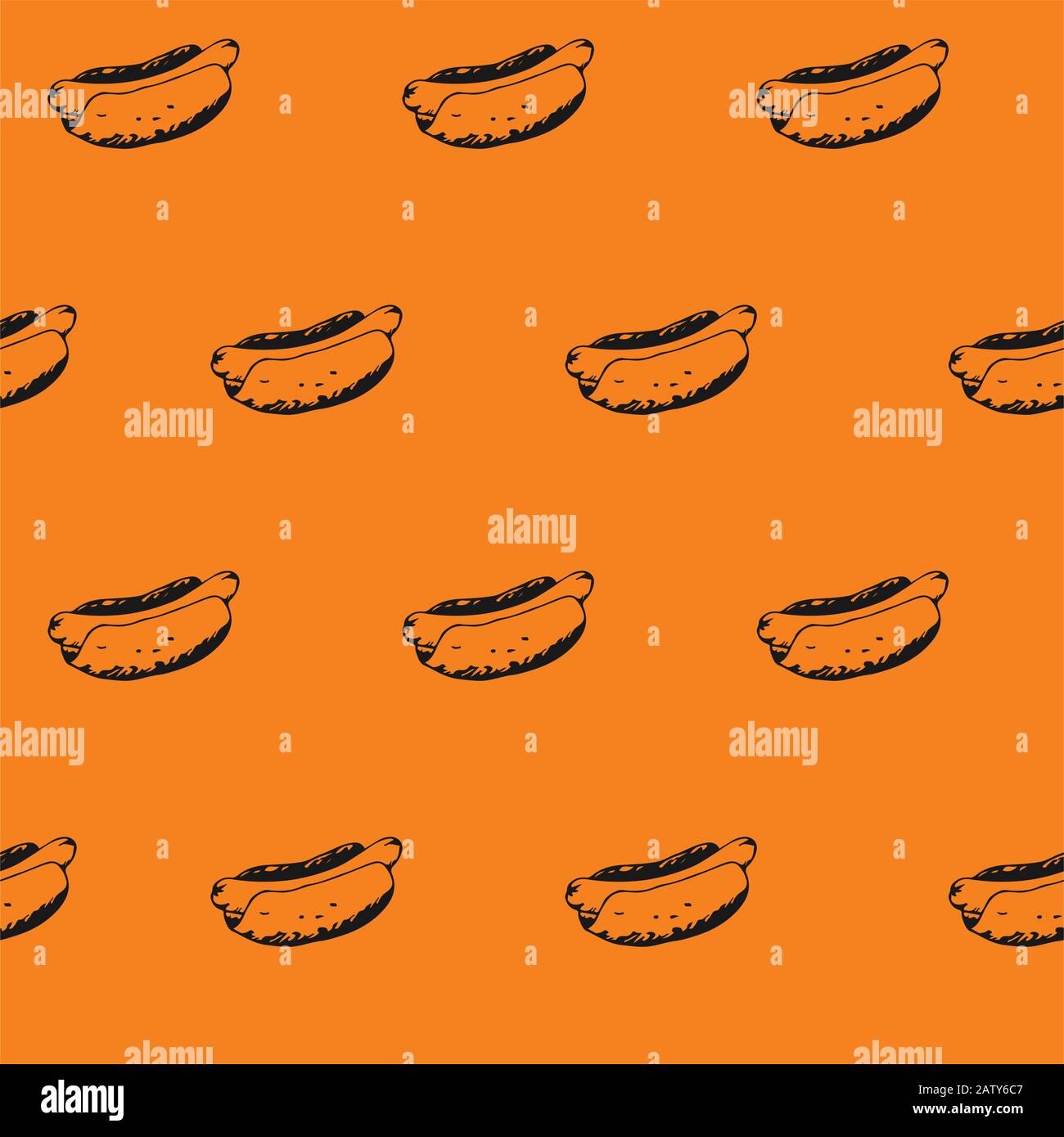 Hotdogs seamless pattern background. Fast food continuous texture with hand drawn hot dogs with mustard or mayonnaise. EPS8 vector illustration with p Stock Vector