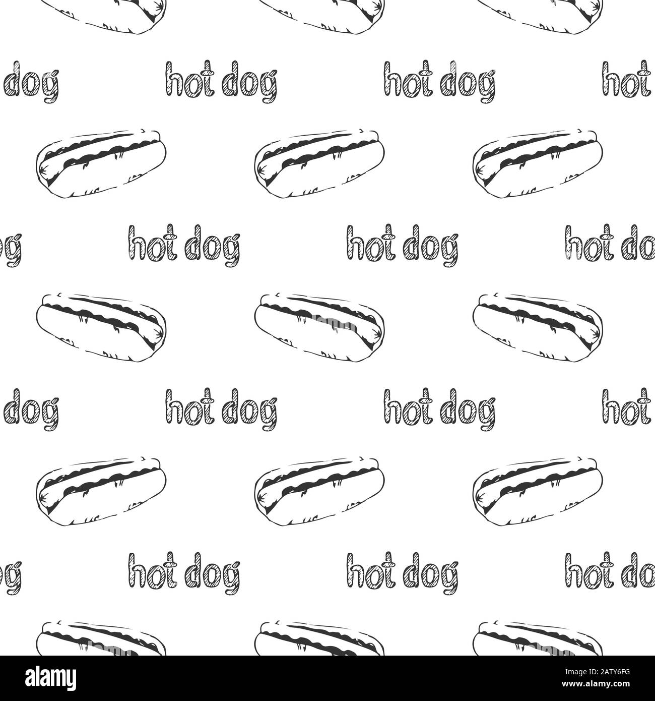 Hand drawn hotdogs seamless pattern. Fastfood texture. Sketchy continuous background of hot dogs with mustard, mayonnaise and vegetables. EPS8 vector Stock Vector