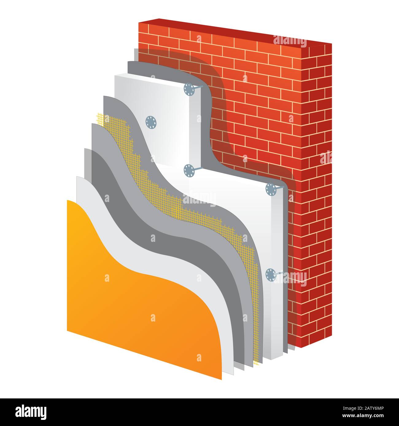 Insulation cross-section layered scheme of wall thermal protection. Insulation principle scheme. Insulation construction. Wall polystyrene isolation. Stock Vector