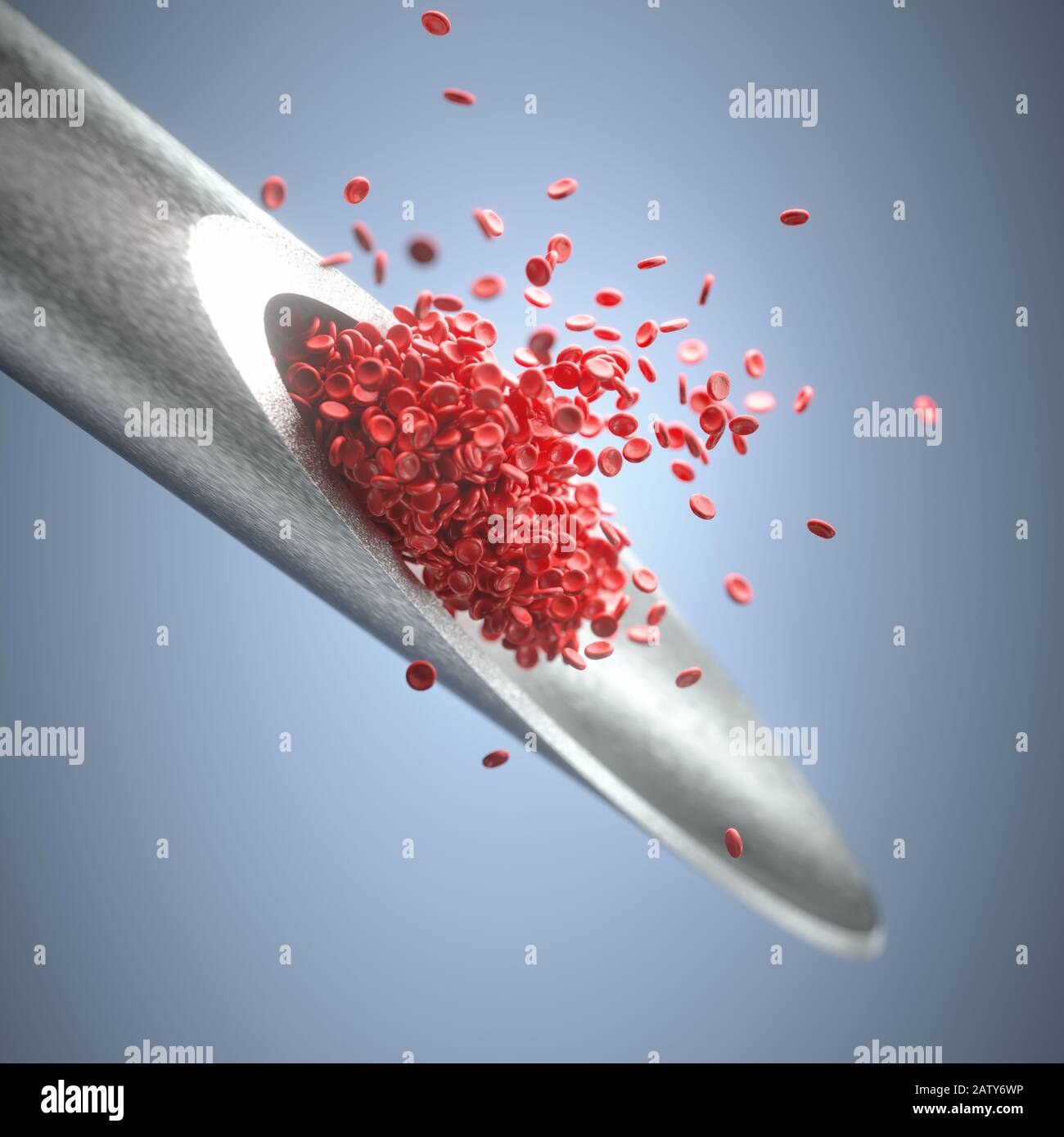 Injection needle with red blood cells protruding from the tip. 3D illustration, concept image of medicine and scientific studies. Stock Photo