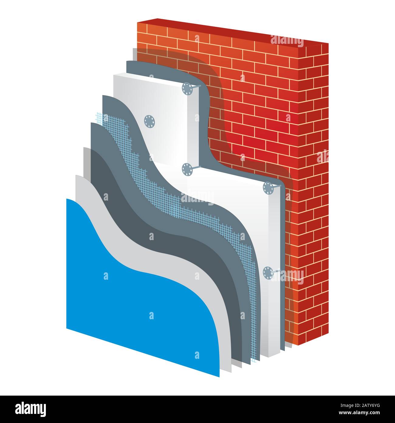 Insulation cross-section layered scheme of wall thermal protection. Insulation principle scheme. Insulation construction. Wall polystyrene isolation. Stock Vector