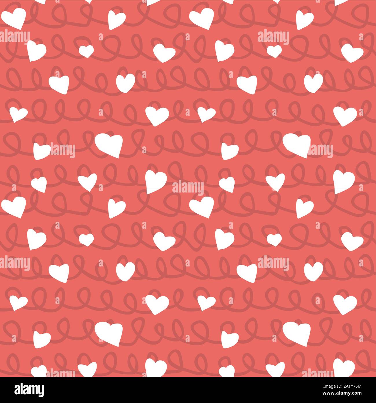 Abstract doodle hearts with ropes and knots seamless pattern texture. Various size hand drawn white hearts on red background. Optimized for one click Stock Vector