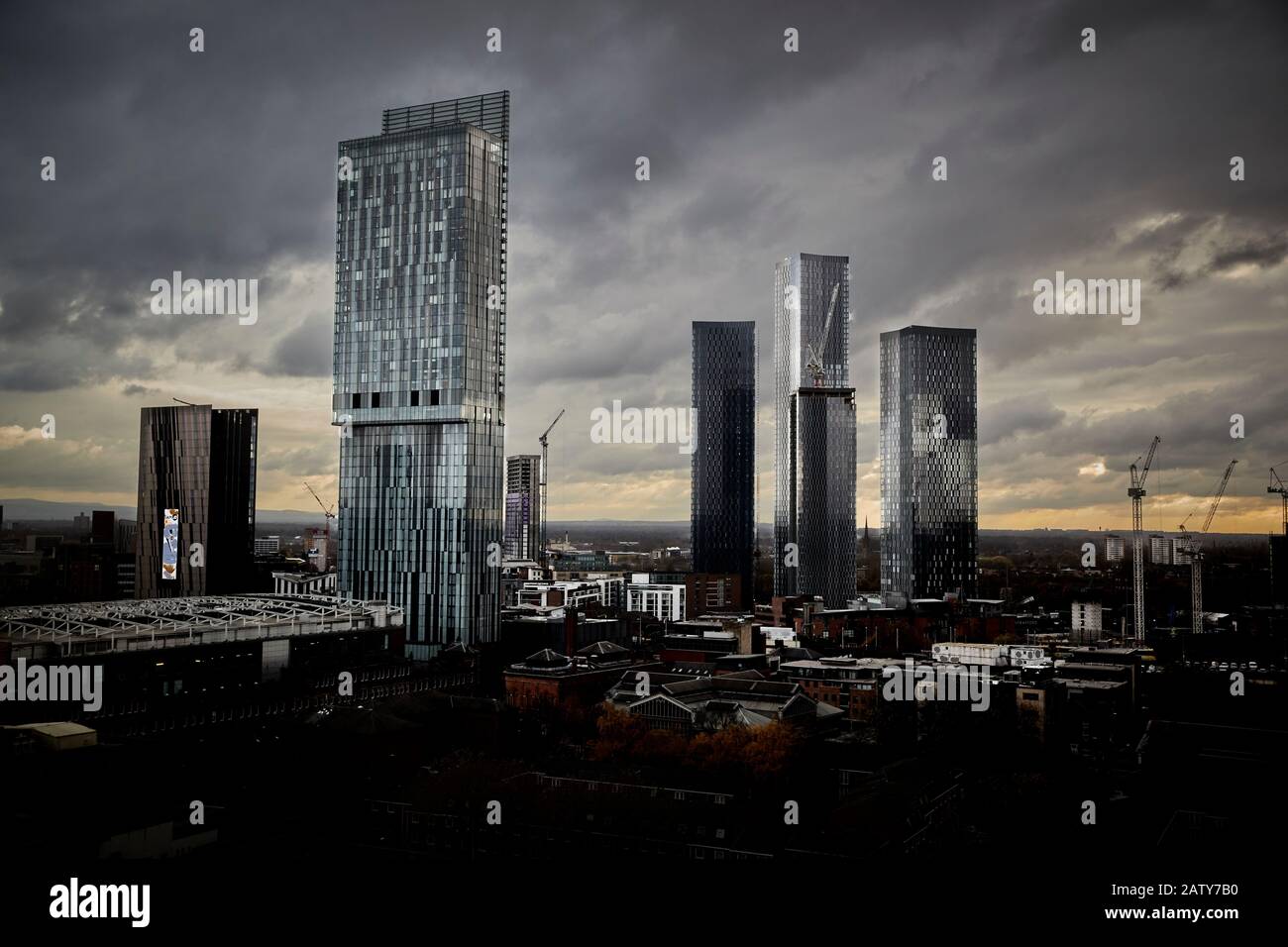 Manchester city center skyline with landmark Beetham Tower and Deansgate Square behind. Stock Photo
